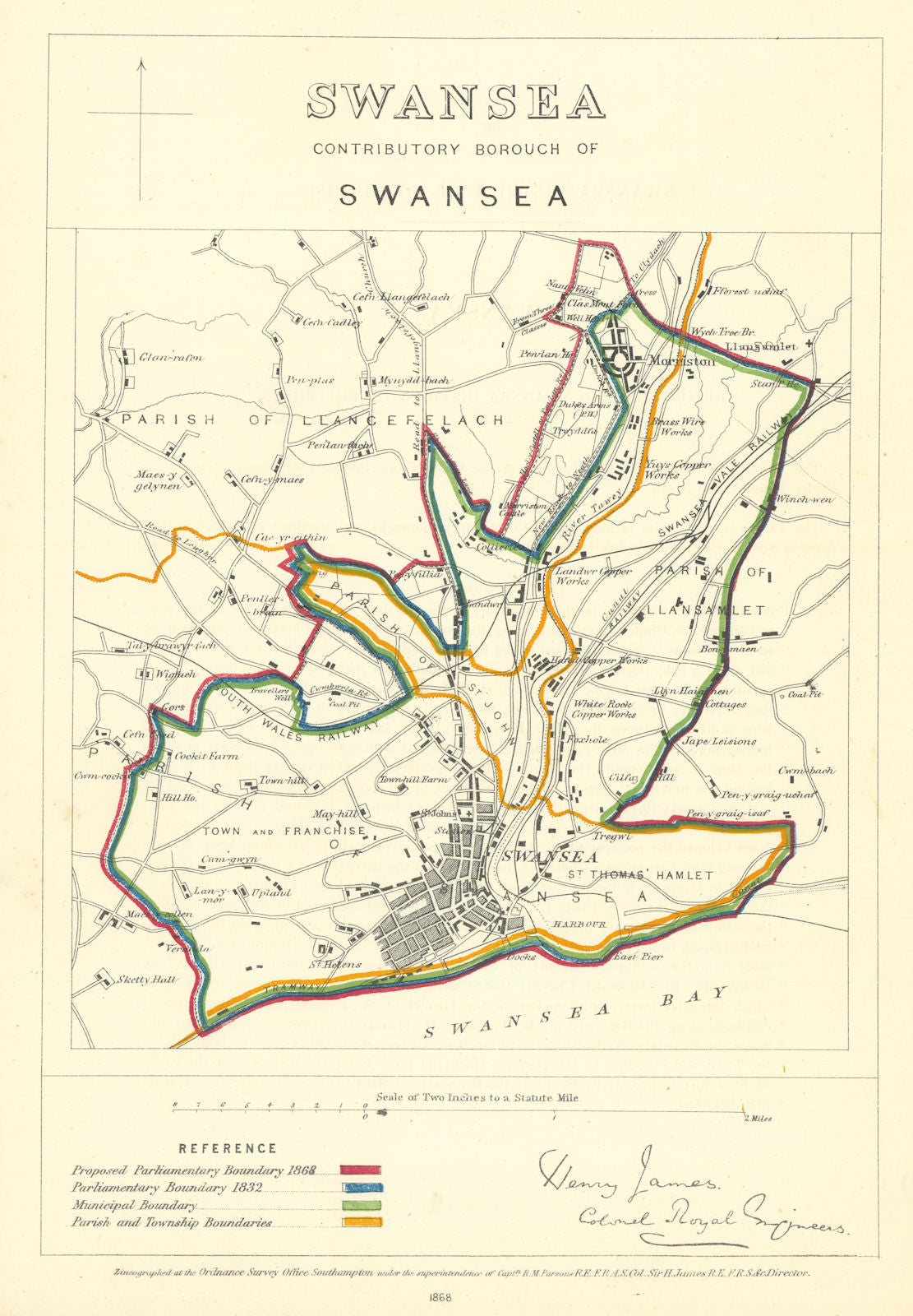 Swansea Contributory Borough of Swansea. JAMES. Boundary Commission 1868 map